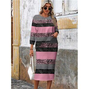 Striped Pattern Round Neck 7/8 Sleeve Bodycon Skirt Set